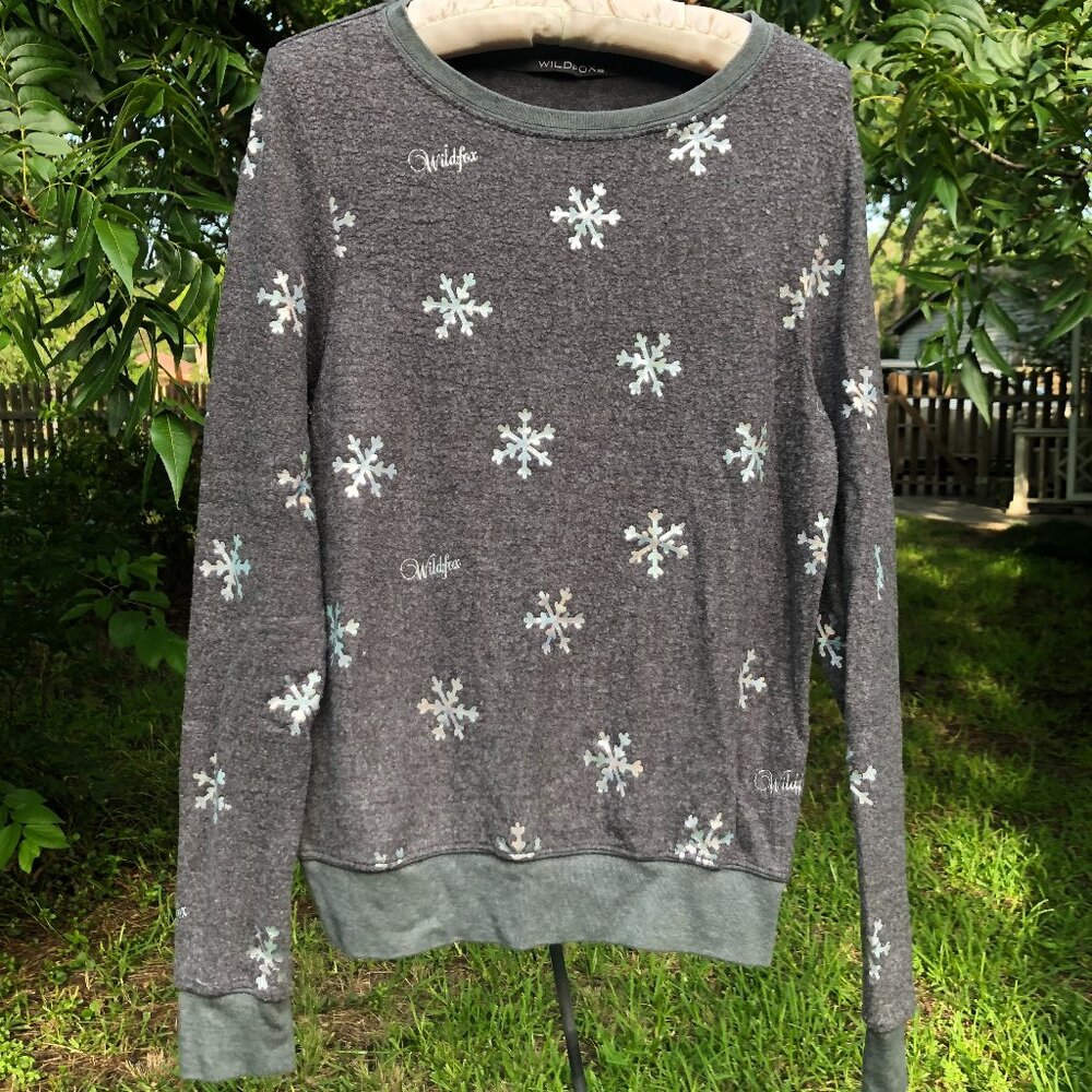 Wildfox Grey Sweater with Rainbow Metallic Snowflakes Pattern, Size XS